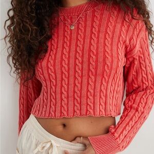 Aerie Red Mini Cableknit Cropped Sweater